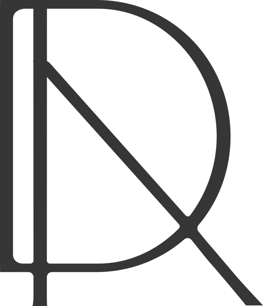 Logotipo minimalista de la clínica dental Dentelier en Alicante que fusiona las líneas de las letras D y R en color gris oscuro sobre un fondo blanco transparente.