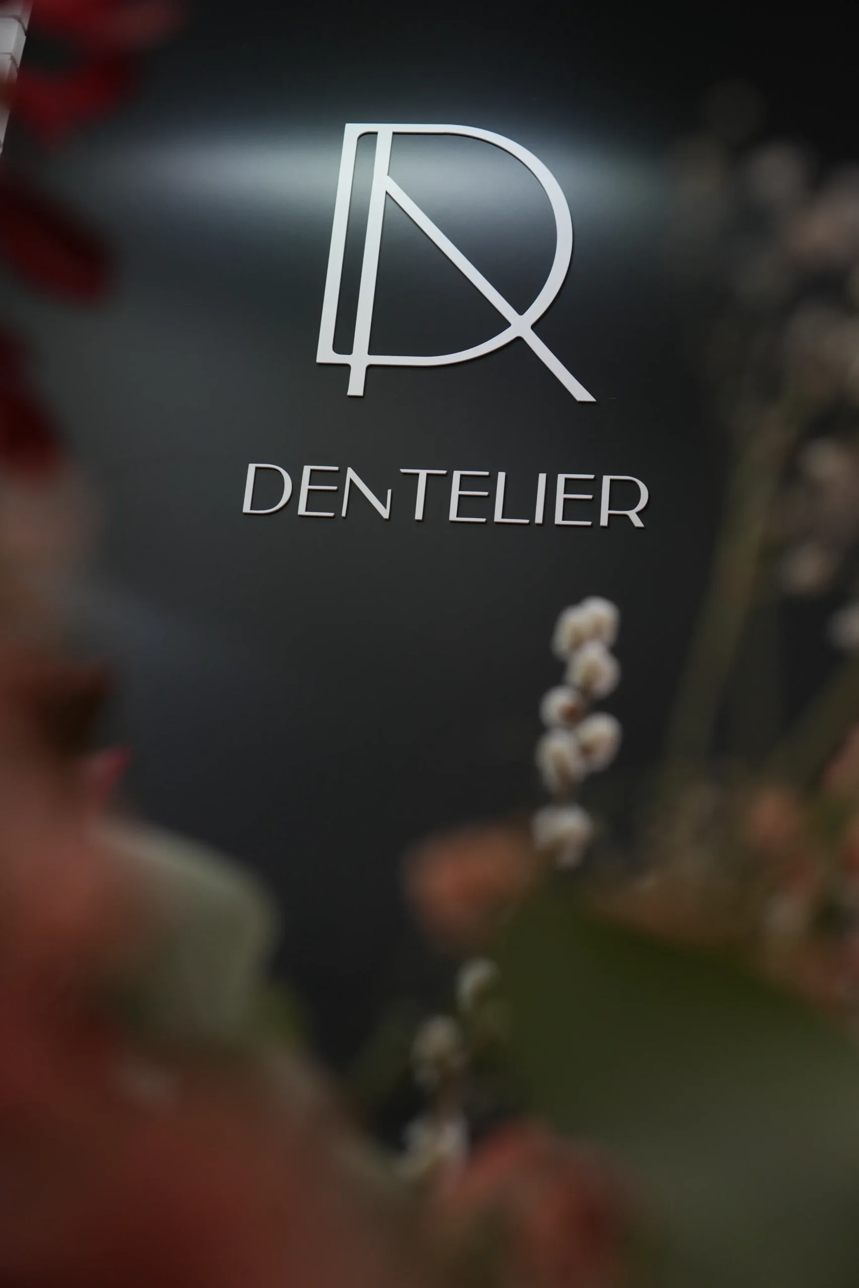 Logotipo corporativo plateado de la clínica dental Dentelier sobre una pared negra, enfocado desde una perspectiva artística con elementos decorativos en primer plano.